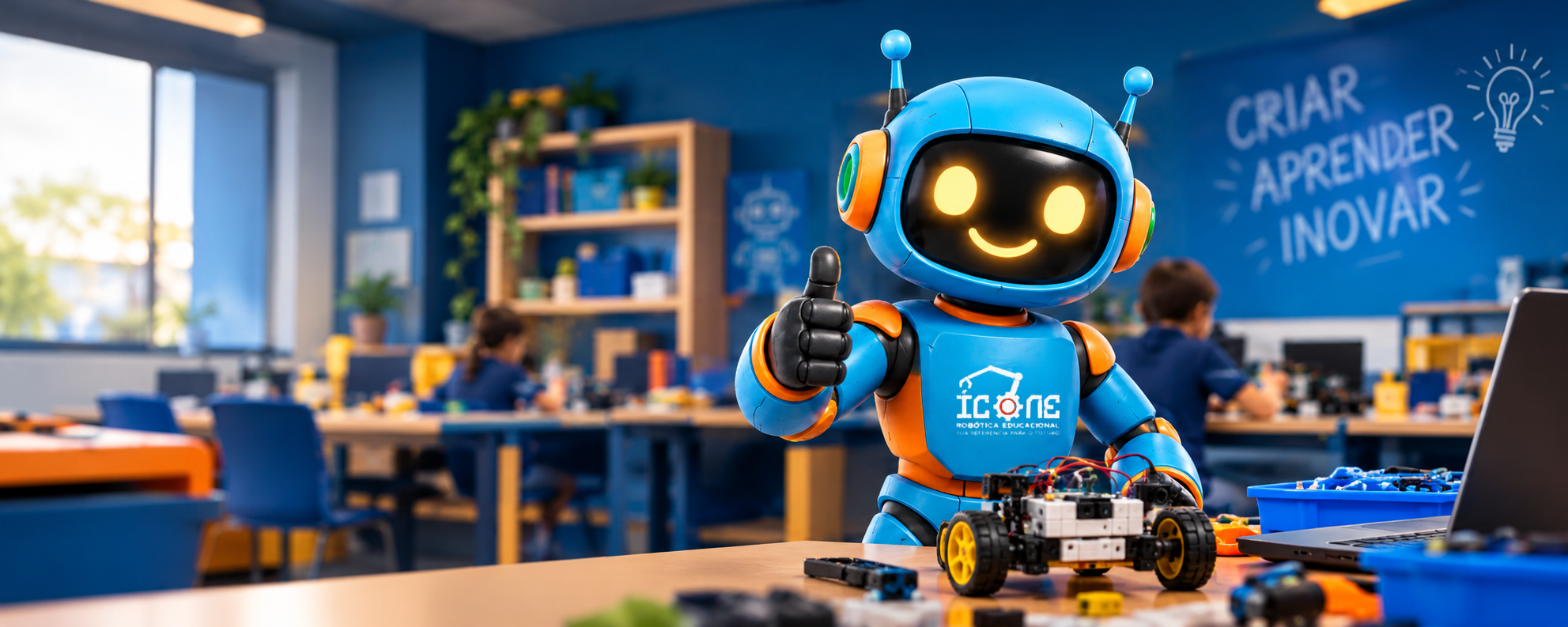Mascote Rico no laboratório de robótica